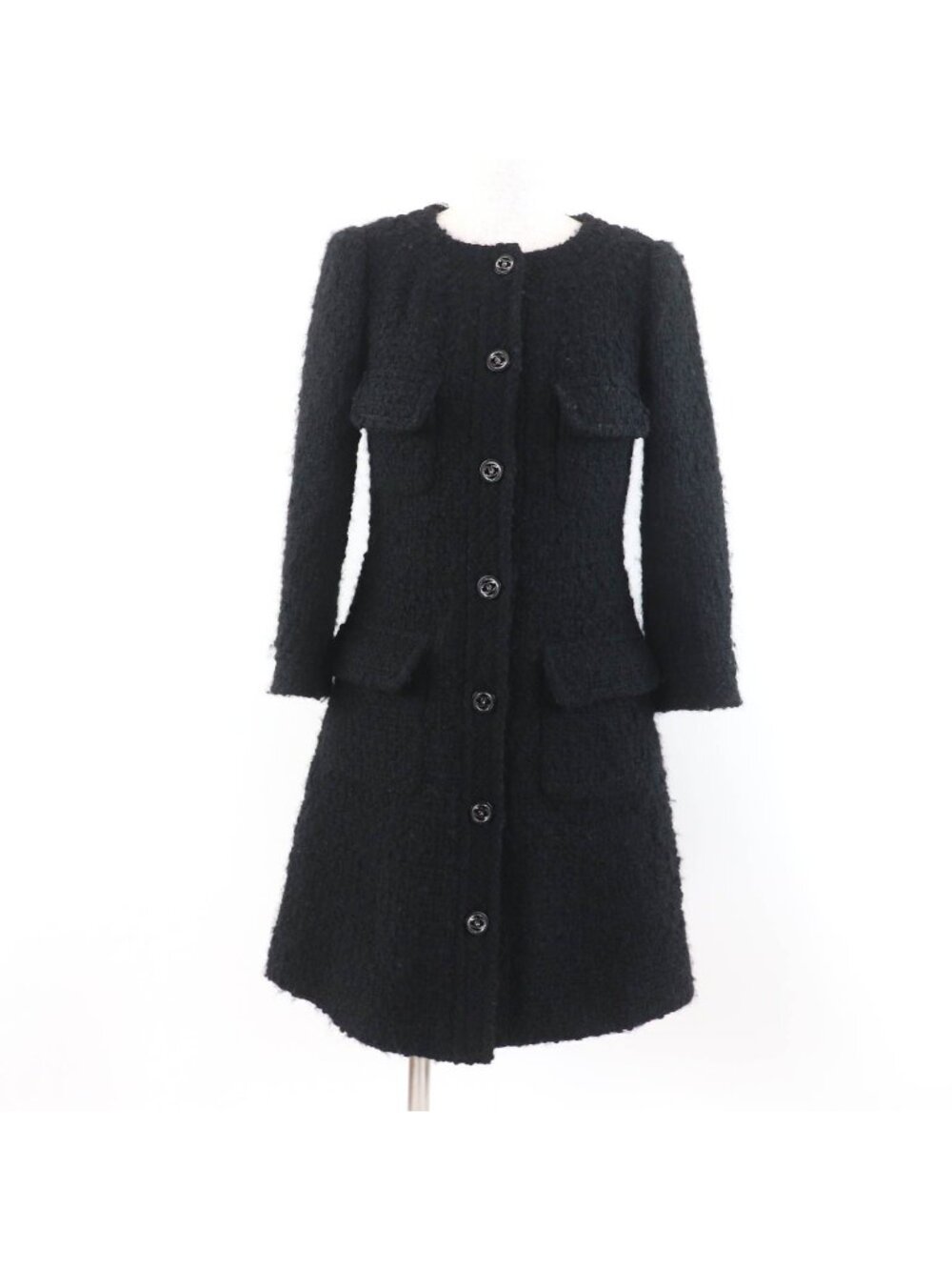 Chanel Wool CC Logo Buttoned Tweed Coat Black 34